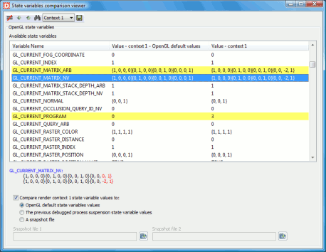 gDEBugger - State variables comparison viewer