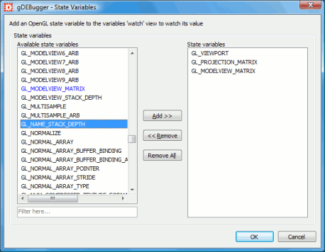 gDEBugger - State Variables dialog