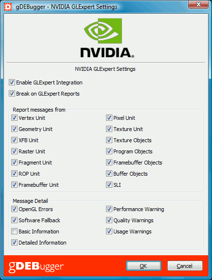 gDEBugger - NVIDIA GLExpert Settings Dialog