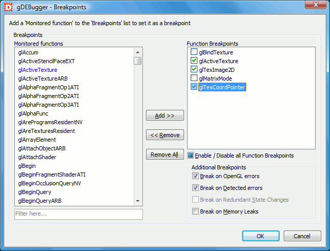 gDEBugger - Breakpoints Dialog