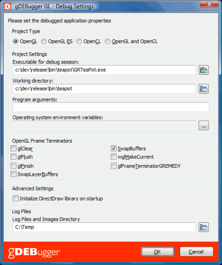 gDEBugger - Debug Settings Dialog