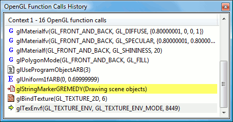 gDEBugger - OpenGL functions calls history view